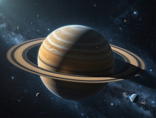 Ringed gas giant planet in deep space with stars