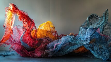 Discarded fishing nets, tangled and colorful, a reminder of ocean waste, real object, dramatic