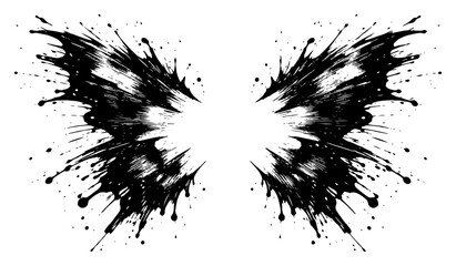 Abstract grunge butterfly wings silhouette formed by black ink splatters and drops