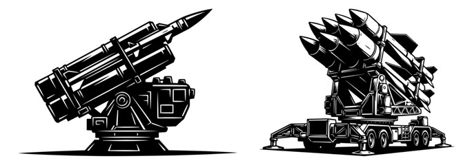 Military missile launcher and rocket artillery vehicle isolated vector illustration