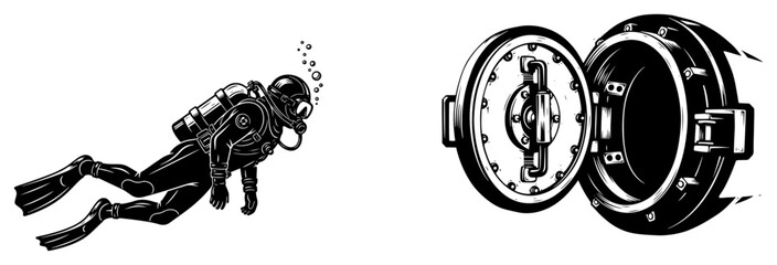 Scuba diver swimming underwater and open submarine hatch vector illustration