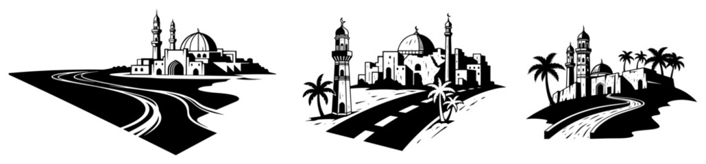 Mosque silhouette landscape with road and palm trees © Logan