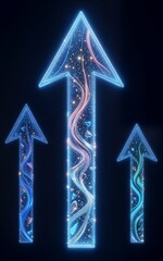 Fototapeta premium Three glowing blue arrows with cosmic stars and swirling light trails against a dark background.