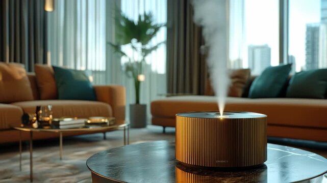 A modern living room features a humidifier on a marble table with a view and luxurious furniture
