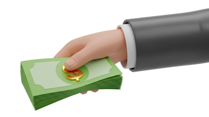 Hand offering stack of cash with dollar sign