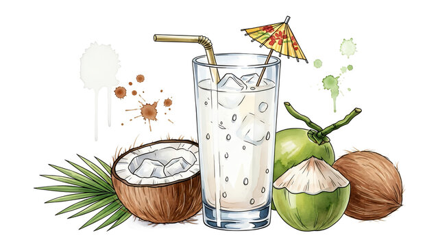A refreshing coconut drink with ice and umbrella, surrounded by coconuts and leaves, in a clear glass with straw, viewed from the front.