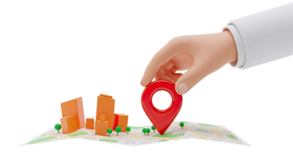 Hand Placing Red Map Pin on Miniature City Map