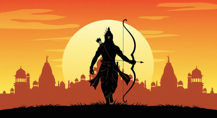 Watercolor illustration of lord rama silhouette with a bow and arrow for ram navami