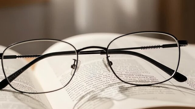 Reading glasses resting on scattered papers and a notebook on a tidy desk.