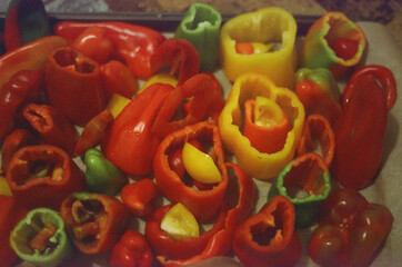 Ready to bake green, yellow and red bell peppers.