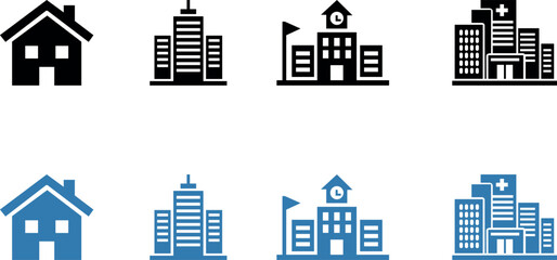 Building Typology Icon Set &ndash; Residential, Office, School and Hospital Buildings.