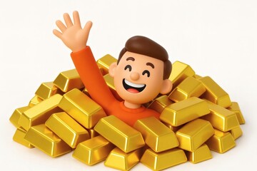human figure pile gold bars happy sinking cartoon illustration treasure fortune wealth rich success