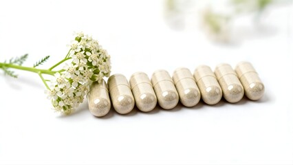 Yarrow herbal supplement capsules with fresh white Yarrow herb flowers 