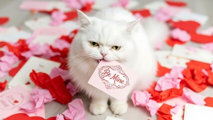 A white fluffy cat holds a 'Be Mine' Valentine's card surrounded by festive hearts.