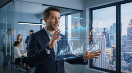 Businessman analyzing data with holographic charts in a modern office overlooking a city skyline