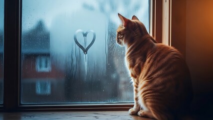 An orange tabby cat sits by a rainy window with a heart drawn on the glass.