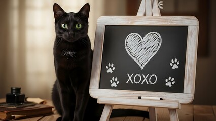 Black cat with green eyes sits beside chalkboard easel with a heart.