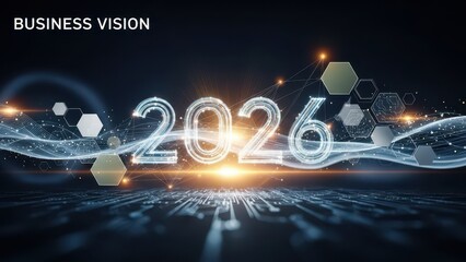 A futuristic digital landscape with the year 2026 illuminated in neon lights, showcasing a business vision in a dark environment