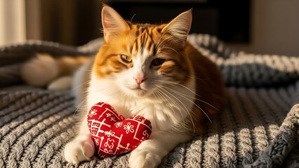 Orange and white cat resting peacefully on a gray knitted blanket, holding a red heart.
