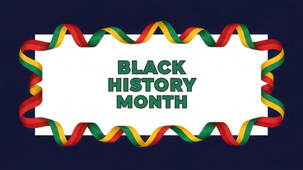 A vibrant ribbon frame surrounds the text black history month on white