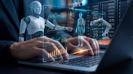 Robotics and holographic interfaces in a futuristic laboratory