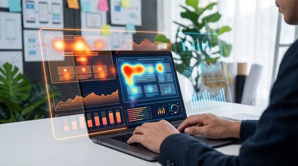 Data analyst at a desk reviewing futuristic analytics dashboards and data visualization displays