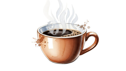 A steaming cup of coffee in a shiny copper mug on a white background