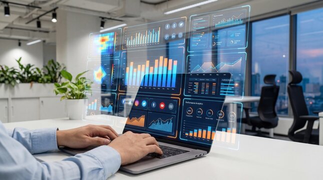 Modern office workspace with holographic analytics dashboards and charts - Powered by Adobe