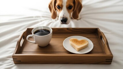 Beagle dog watches steaming coffee and heart-shaped toast on a breakfast tray in bed.