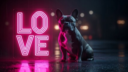 A French bulldog sits next to a neon \