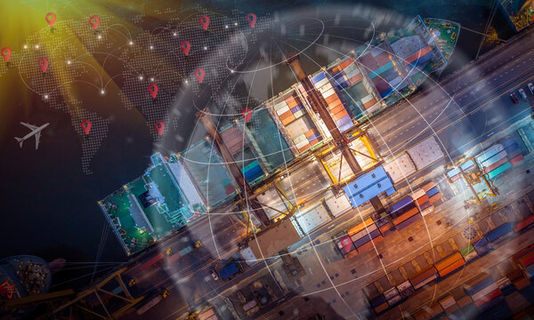 Aerial view and top view cargo plane flying above ship port coverage world map import-export business and logistics international goods. Shipping cargo to harbor by crane
