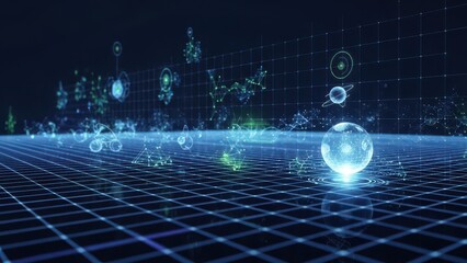 A futuristic grid landscape with glowing orbs and digital elements in a technological environment viewed from a low angle