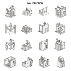 Construction Process Stages Isometric Workers.