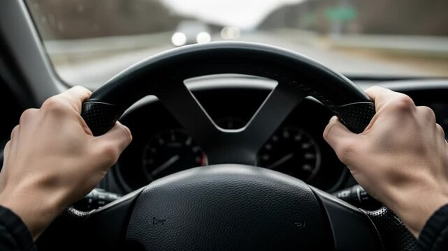 Hands on steering wheel driving car.