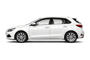 A white car is parked on a plain white background viewed from the side