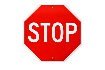 A red stop sign with white lettering on a plain white background