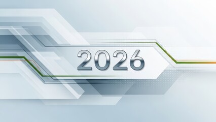 A futuristic illustration of layered geometric shapes with the year 2026 prominently displayed in a modern design