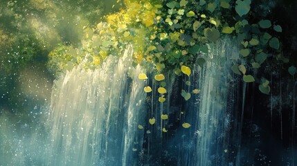 Foliage near a waterfall, leaves heavy with mist, droplets catching the light, verdant greens