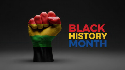 A raised fist painted with pan african colors and black history month text