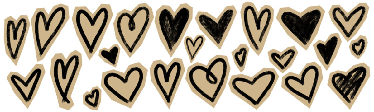Expressive grunge heart shapes hand drawn for scrapbook collage projects. Rough chalk crayon textures, bold imperfect lines. Perfect for zines, journals, DIY crafts, creative paper designs. Vector set