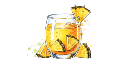 A glass of pineapple cocktail with slices and splashes on a clean white background viewed straight on