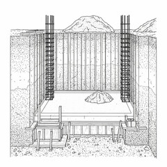Underground Launch Facility Silo with Missile Military Base Technical Drawing.