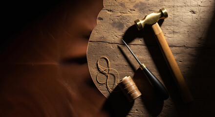 Traditional leathercraft tools with brass hammer and awl on a rustic wooden workshop table.