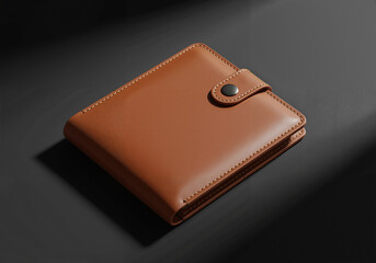 Brown leather wallet with snap button closure on dark textured surface, luxury product shot