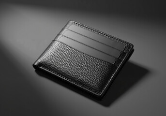 Elegant minimalist black leather bifold wallet on a dark background, luxury product photography.