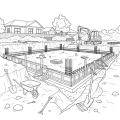 Construction site foundation preparation with excavator.