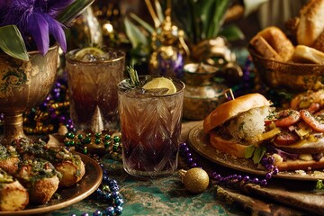 Mardi Gras Feast with Colorful Cocktails and Traditional Food