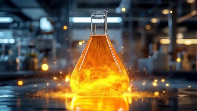 An illuminated Erlenmeyer flask filled with glowing liquid, sparks, and lab in the background