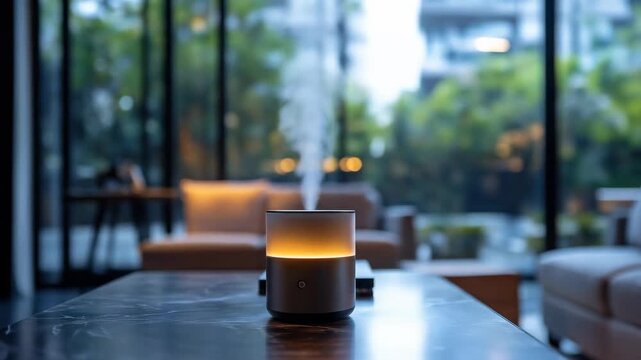 An illuminated diffuser on a marble table with a blurred background of a living area