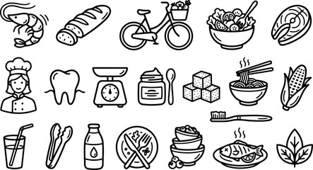 Hand drawn line art icon set of assorted food and kitchen items arranged in horizontal row black outline style vector doodle